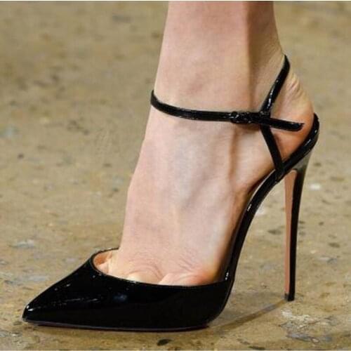 Sexy Patent Leather Ankle Strap Pumps Size 45 White Black Stiletto Heels Shoes Pointed Toe 12cm Gladiator Heels Popular Sandals