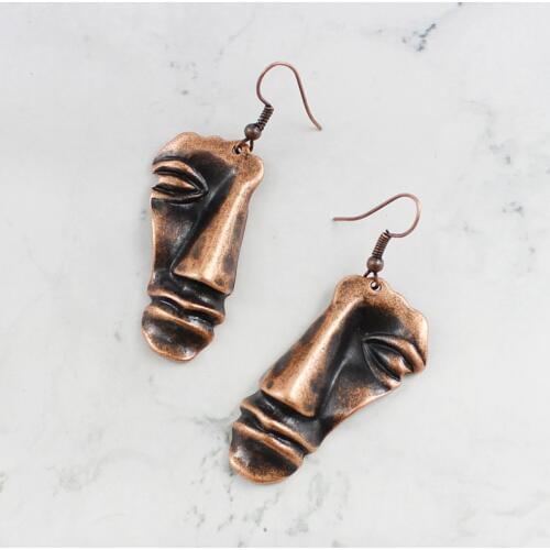 Three-dimensional broken Half face Pendant earring personality Creative bronze Retro Ethnic earrings Party dress up accessories