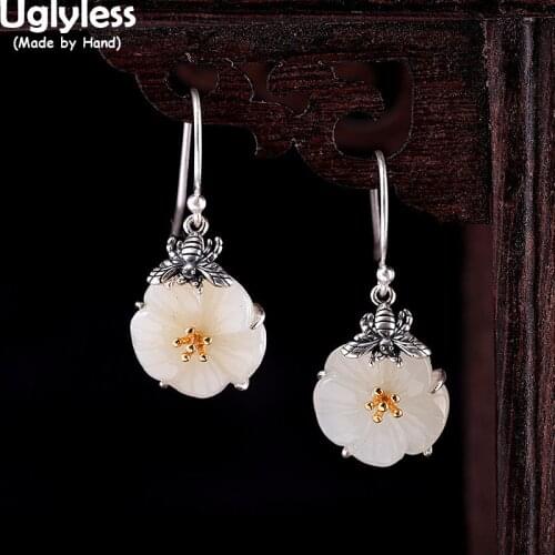 Uglyless Handmade Thai Silver Bees Earrings for Women Hetian Jade Plum Blossom Earrings 925 Silver Brincos Bijoux Ethnic Jewelry