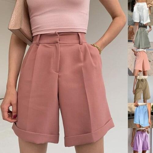 2021 new summer pocket zipper button solid color fashion casual pants shorts casual elegant soft pants loose waist shorts
