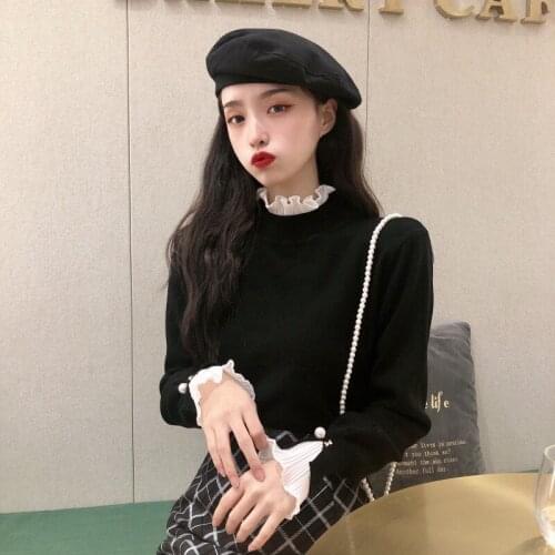 Sweet Ruffles Patchwork Elastic Knit Sweater Elegant Chic Panelled Design Pullover Autumn Mock Neck Long Sleeve Women Tops