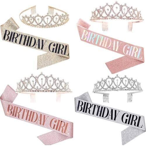 1 Set Girl Birthday Party Etiquette Belt Crystal Crown Tiara Birthday Shoulder Strap Anniversary Happy 18 21 30 40 Party