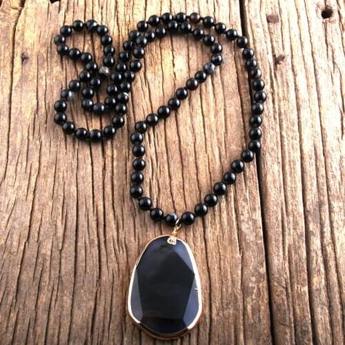 RH Fashion Boho Jewelry Black Natural Stones Knotted Black Onyx Stone Pendant Necklace For Women Gift Dropship