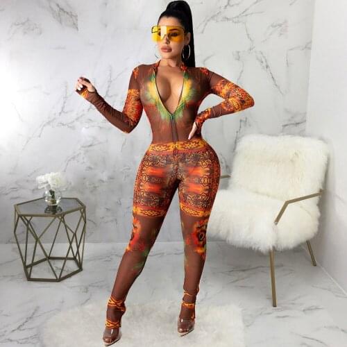 Angel Print Slim Rompers Womens Jumpsuit Deep V Neck Full Sleeve See Through Overall Streetwear Mesh Sheer Party Club Catsuits