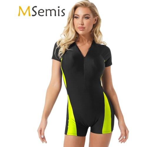 Womens Swimsuit One-piece Jumpsuit Stand Collar Short Sleeves Removable Pads Front Zipper Closure Shorts Bodysuit Beach Swimwear