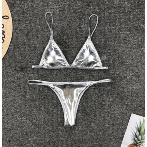 Women Micro Bikini Halter PU Leather Sequin Silver Push Up Padded Swimsuit Beach Bathing Suit Brazilian Thong Swimsuit Biquini