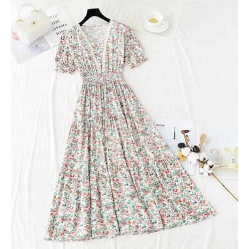 Summer Dress Women French Style Vintage Cotton Linen Dress Short Sleeve Casual Elegant Floral Print Dress Women 2021 New