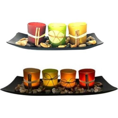 1Set Candle Holders Home Decorations for Living Room, Decorative Candle Holder Set with Wooden Tray (3 Cup+4 Cup)