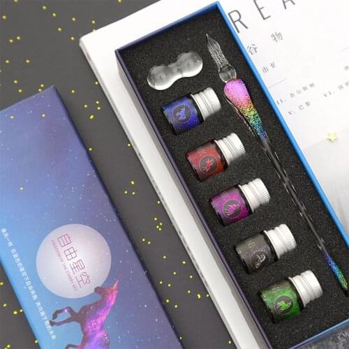 7Pcs/Set Rainbow Glass Pen Gradient Crystal Dip Pen 7ML Colorful Ink Starry Sky Unicorn Gift Stationery Writing Drawing Supplies