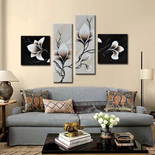 Abstract Flower Canvas Painting Decorative Picture Wall Picture for Living Room 4 Panel Wall Art Hand Painted Floral Calligraphy