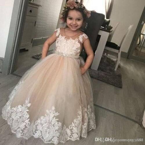 Champagne Ball Gown Flower Girls Dresses For Weddings Sheer Neck Cap Sleeves Appliques Tulle Tutu Infant Birthday Party Dresses