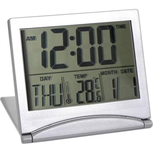 Silver Digital LCD Weather Station Folding Desk Temperature Travel Alarm Clock Snooze Functions W8