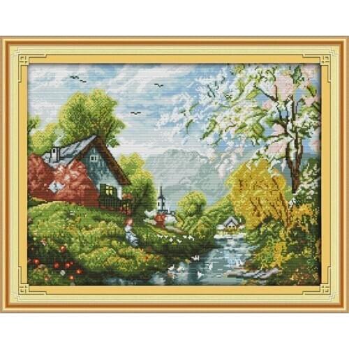 House and trees scenery counted 11 14CT Cross Stitch Set Handcraf DIY DMC Chinese Cross-stitch Embroidery Needlework Home Decor