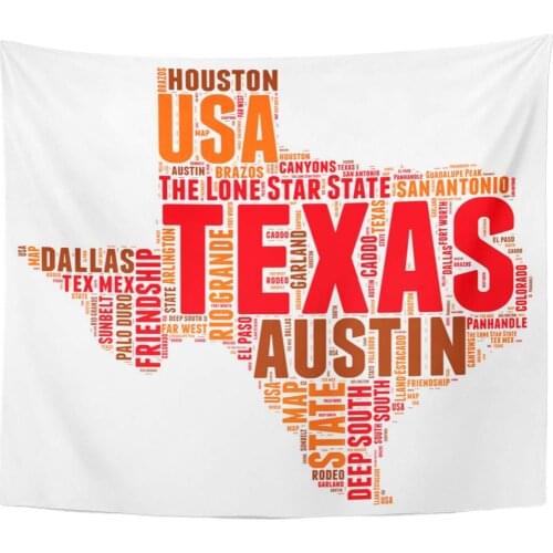 Road Blue Word Texas USA State Map Tag Cloud White Austin Shape Houston Tapestry Home Decor Wall Hanging for Living Room Bedroom