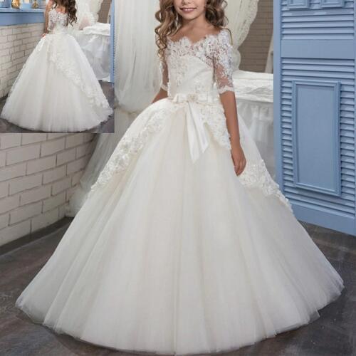 Elegant Child Girls Off Shoulder Lace Long Dress Wedding Bridesmaid Dresses for Kids birthday Vintage Ball Gown Princess Dress