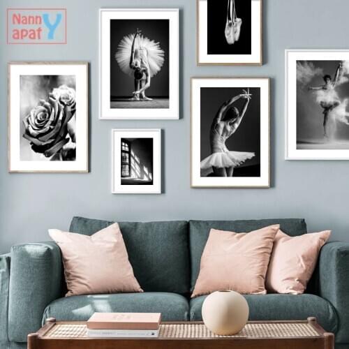 Elegant Ballerina Black and White Art Poster Flowers and Ballet Shoes Vintage Picture Living Room Bedroom Home Wall Decoration