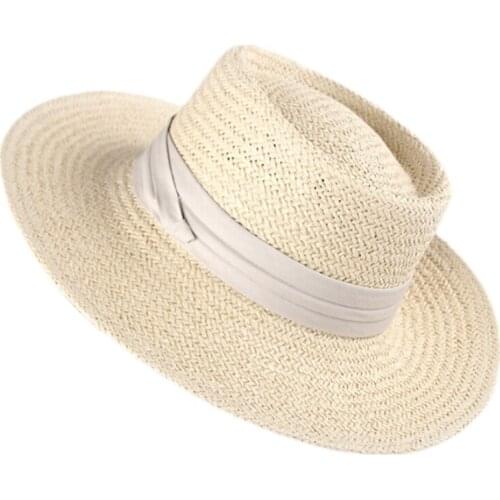 F3MD Women Summer Woven Straw Banded Sun Hat Holiday Vacation Flat Wide Brim Sunscreen Casual Outdoor Boater Beach Jazz