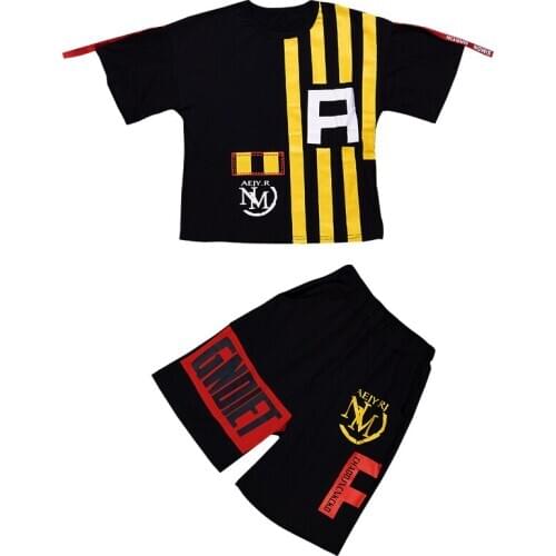 Big Boys Short Sleeve Summer Sets Yellow Stripes Loose Fit T-shirts+Shorts 2PCS Clothing Sets Hip Hop Dancer Woven Belts Sets
