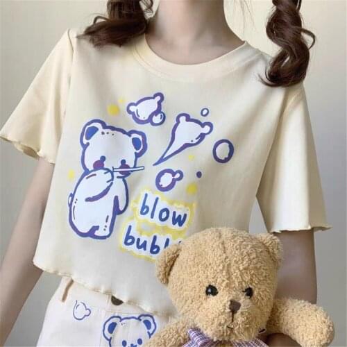 Cotton Women T Shirt For Girl Fashion Oversize Bear Print T-Shirt Funny High Street Japan Harajuku Tops Summer Gothic T Shirt