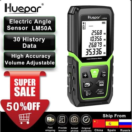 Huepar Laser LCD Distance Meter Rangefinder165Ft 50M Li-ion Battery Electric Angle Sensor Range Finder Measure Device Ruler tool