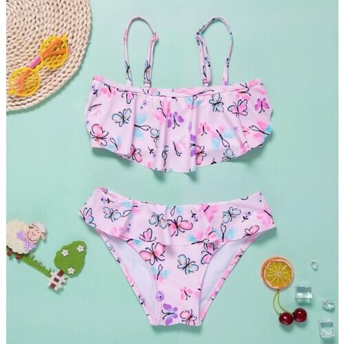 2pcs Toddler Baby Girls Swimsuits Set Children Butterfly Print Ruffle Sling Tube Top Bikini Beachwear Cute Bathing Swimwear 2021