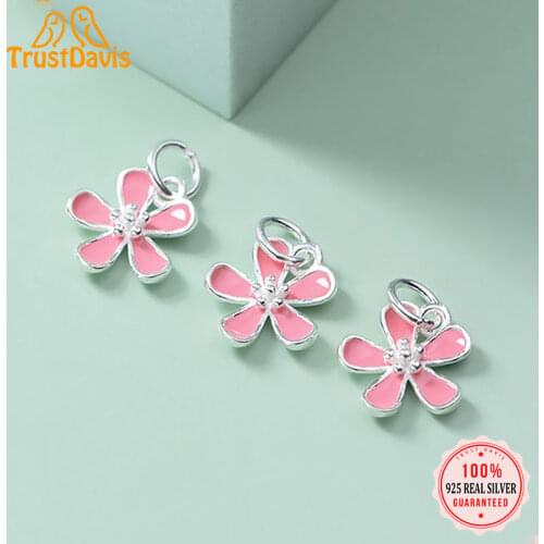 Trustdavis 2021 Real 925 Sterling Silver Fashion Sweet Pink Glaze Flower Charm Pendant Handmade DIY Accessories Jewelry DZ187