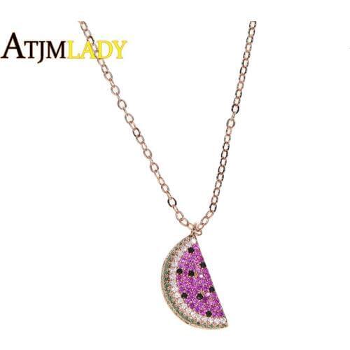 ROSE gold color summer autumn delicious fruit design pink cubic zirconia watermelon cherry pendant fashion necklace jewelry