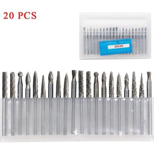 20pcs Solid Carbide Burr Set 3mm shank Tungsten Carbide Rotary Files Burrs Cutting Head diameter Fits Most Rotary Drill Die Grin