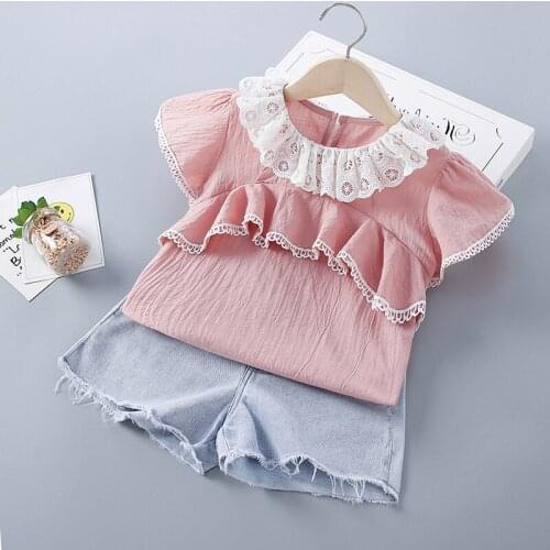 2-7 Years High Quality Summer Girl Clothing Set 2021 New Fashion Casual Solid Shirt + Denim Pants Kid Children Girls Clothing