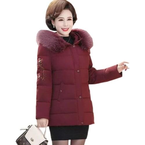 2021 New Winter Jacket Women Parkas embroidery Mother Outwear Hooded Coats Thick Warm Big Fur collar Down Jacket Plus size 5XL