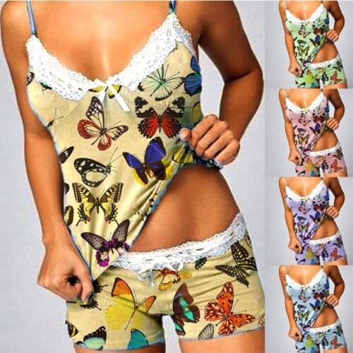 AVV Fashion Butterfly Print Pajama Women Spaghetti Srap V-Neck Lace Stitching Camisole Top And Shorts Sets Casual Home Sleepwear