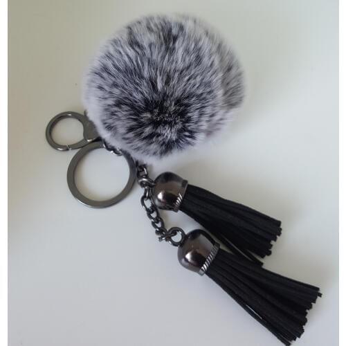 8 cm Fur pom pom keychain Fluffy fur ball bag charms Black double leather tassels handbag charm pom-pom keychais Porte Clef