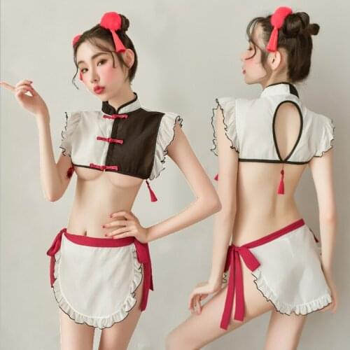 Sexy Lingerie Maid Dress Uniform Classic Cheongsam Pajamas Woman Erotic Uniform Maid Underwear Apron Set Couple Play For Sex