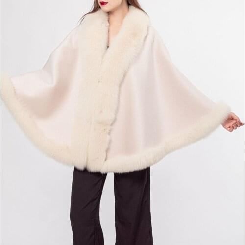 100% wool shawl with natural fox fur collar bottom trimming cape drop shipping wrap furry winter autumn wedding luxurious white