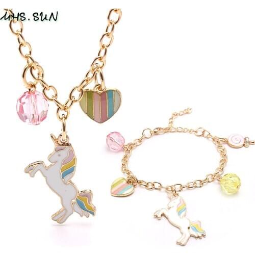 MHS.SUN Baby Girl Unicorn/Heart Pendant Charms Necklace Bracelets Set Fashion Party Jewelry Set Gifts For Kids Child Toddler New