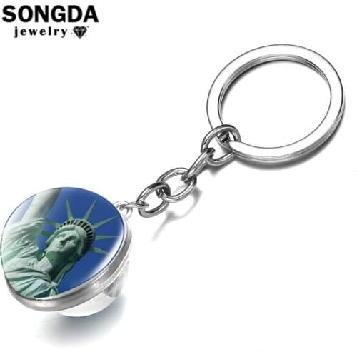 SONGDA New York Statue Of Liberty Keychain United States Famous Sign Double Sided Glass Ball Keyring American Souvenir Key Chain