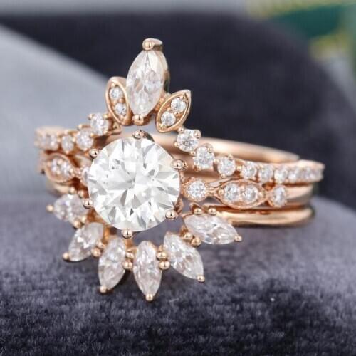 EDI Flower Sunshine Crown Bridal Wedding Set 14k Rose Gold Round Brilliant Moissanites Engagement Ring Anniversary Diamond Band