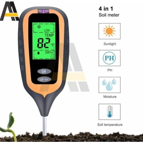 Soil Tester Digital Soil pH Meter 4 in 1 PH Levels Temperature Sunlight Intensity Humidity Tester Moisture Meter LCD Backlit