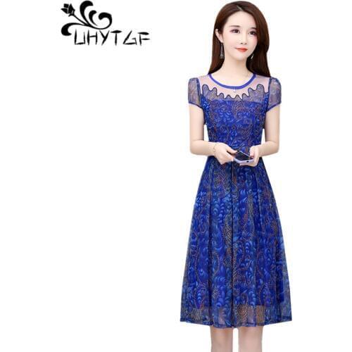 UHYTGF New chiffon dress women fashion lace Summer dresses temperament Gauze Bohemian dress Round neck mom plus size dresses 102