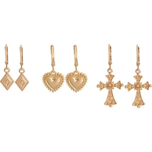 Gorgeous Gold Color Plating Gothic Cross Heart Trapezoid Charm 3 Pairs Hoop Earrings Pack For Women Girl Elegant Jewelry Gift
