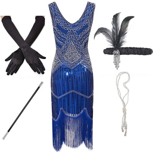 1920s Vintage Gatsby Sequin Fringed Paisley Flapper Dress with 20s Accessories Set 3XL,4XL,Plus Size,Black,Red,Blue