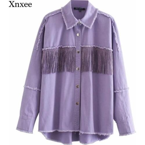 Womens Beaded Denim Jacket Fringed Jeans Jacket Patchwork Korean Denim Jacket Solid Color Long-Sleeved Fringed Ladies Jacket