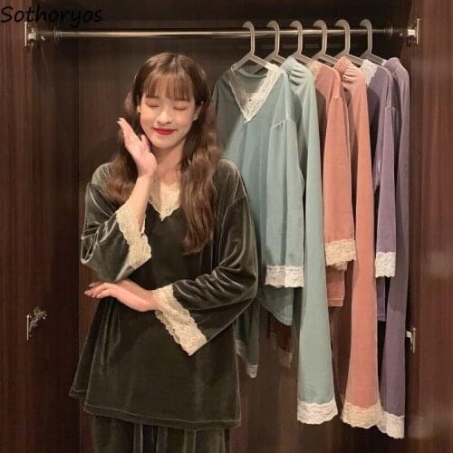 Women Autumn Pajama Sets Three Quarter Sleeve Tops and Full Length Trousers V-neck Solid Lace Female Soft Sleepwear Simple Suits