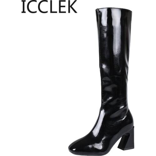 Autumn Fashion Shoes Ladies Knee High Boots Elastic Soft Patent Leather High Heels Square Toe Side Zip Winter Womens Long Boots