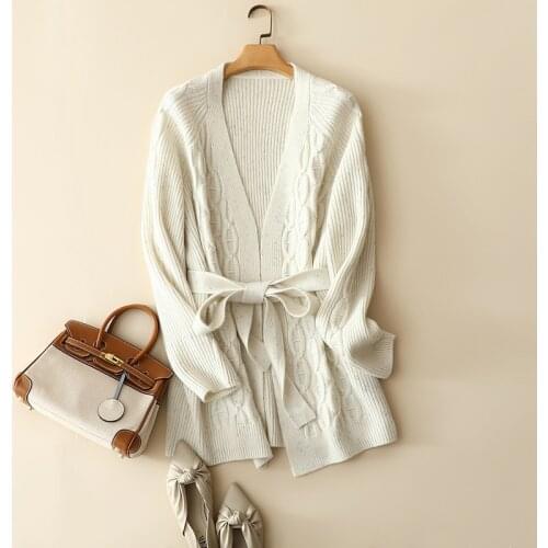 2021 europe fashion cashmere wool cardigan coat with belt women knitted winter thick chic outerwear oversized sweater cable knit