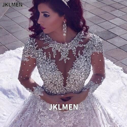 2021 Luxury Beading Sequins Long Sleeves Wedding Gowns With Long Train Illusion Back Side ZipperBridal Gown Robe De Mariage