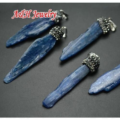 10pcs New Arrival Natural Genuine Kyanite Strip Shape Pendants 40~50mm Long Fashion Rhinestone Paved Jewelry