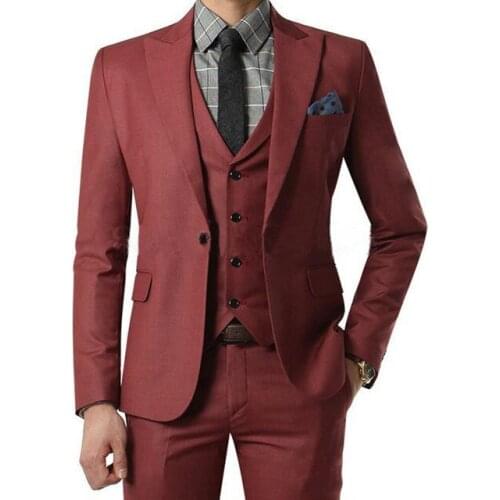 2020 New Arrival Red Wine Business Peaked Lapel Mens Suits for Wedding Three Piece Burgundy prom Jacket Pants Vest Smart Casual