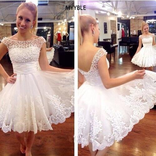 2021 White Short Wedding Dresses Brides Sexy Pearl Lace Knee-Length Wedding Dress Bridal Gown DressPlus Size Vestido De Noiva