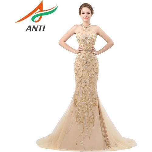 ANTI Luxury Beading Crystal Evening Dress New design Halter Mermaid Formal Gowns Celebrity Dress Wedding Party Abide Personalit
